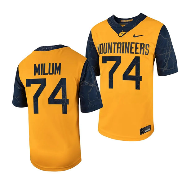Men's Youth West Virginia Mountaineers #74 Wyatt Milum 2023 Gold Country Roads Football Game Jersey