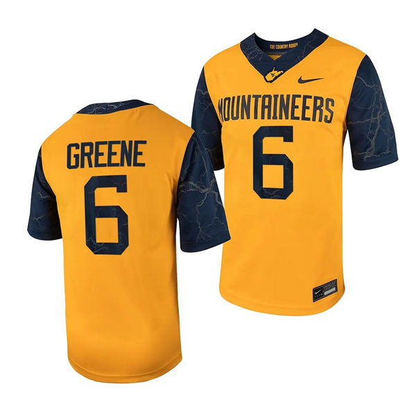 Men's Youth West Virginia Mountaineers #6 Garrett Greene 2023 Gold Country Roads Football Game Jersey