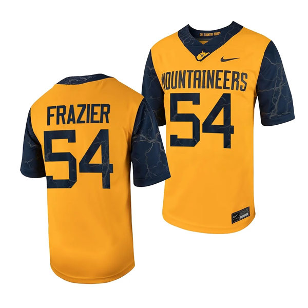 Men's Youth West Virginia Mountaineers #54  Zach Frazier 2023 Gold Country Roads Football Game Jersey