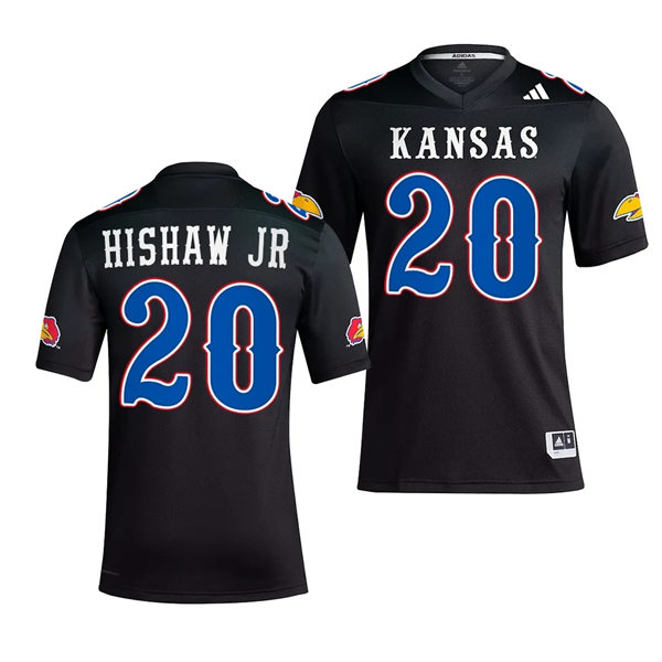 Mens Youth Kansas Jayhawks #20 Daniel Hishaw Jr. Adidas Alternate 2023 BLACKHAWK Football Jersey