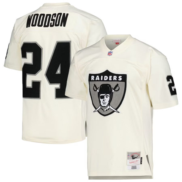 Mens Las Vegas Raiders #24 Charles Woodson Las Vegas Raiders Mitchell & Ness Chainstitch Legacy Jersey - Cream