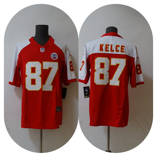 Men's Kansas City Chiefs #87 Travis Kelce 2023 Red with White Shoulder F.U.S.E. Vapor Limited Jersey