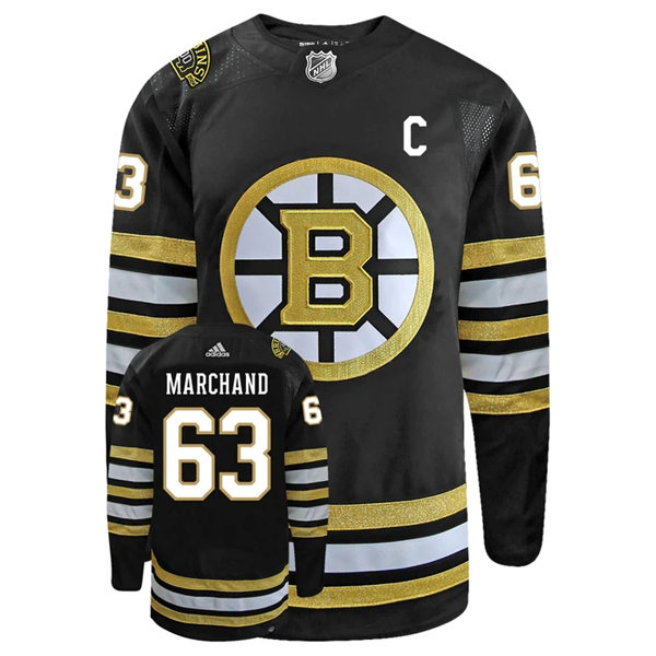 Men's Boston Bruins #63 Brad Marchand adidas 100th Anniversary Primegreen Authentic Jersey - Black
