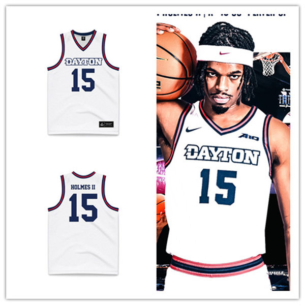 Mens Youth Dayton Flyers #15 Daron Holmes II College Basketball Game Jersey White