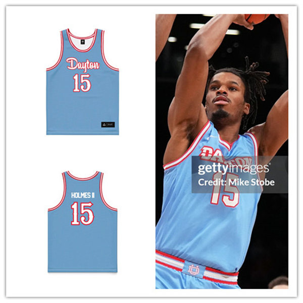 Mens Youth Dayton Flyers #15 Daron Holmes II College Basketball Game Jersey Chapel Blue