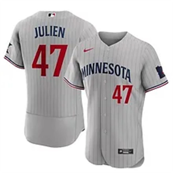 Mens Minnesota Twins #47 Edouard Julien Nike Road Gray Pinstripe Vapor Premier Elite Jersey