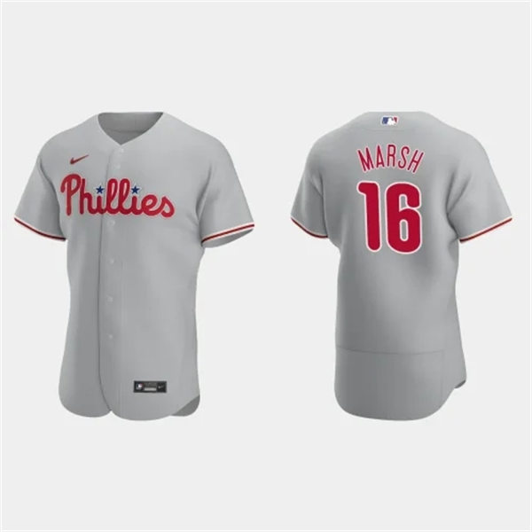 Mens Philadelphia Phillies #16 Brandon Marsh Nike Road Gray Vapor Premier Elite Jersey