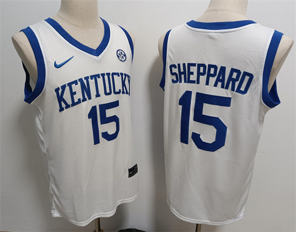 Mens Kentucky Wildcats #15 Reed Sheppard White Home 2023-24 College Basketball Game Jersey