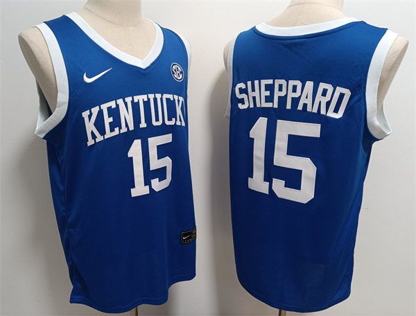 Mens Kentucky Wildcats #15 Reed Sheppard Royal Away 2023-24 College Basketball Game Jersey