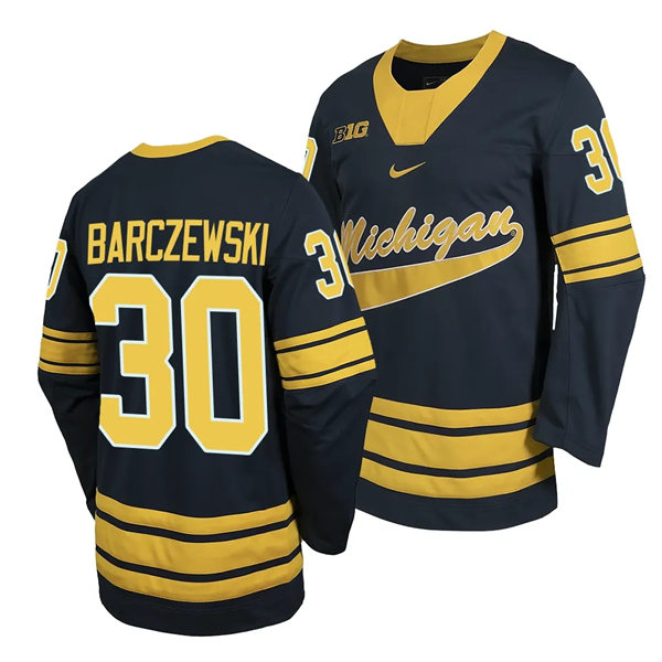 Mens Youth Michigan Wolverines #30 Jacob Barczewski  2023-24 Navy Hockey Game Jersey