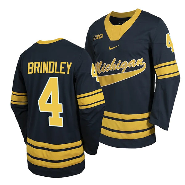 Mens Youth Michigan Wolverines #4 Gavin Brindley  2023-24 Navy Hockey Game Jersey