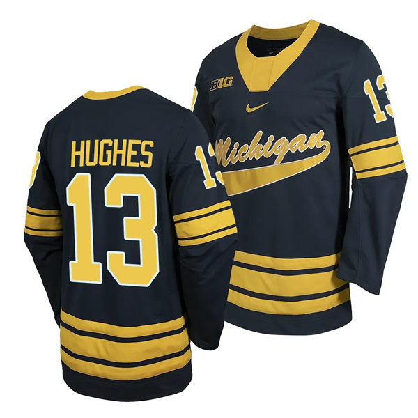 Mens Youth Michigan Wolverines #13 T.J. Hughes  2023-24 Navy Hockey Game Jersey