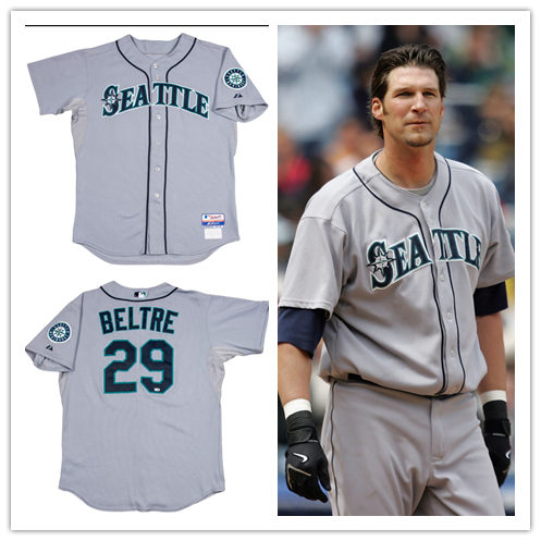 Mens Seattle Mariners #29 Adrian Beltre 2007 Majestic Throwback Gray Away Baseball Jersey 