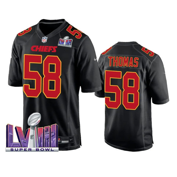 Mens Kansas City Chiefs #58 Derrick Thomas 2024 Super Bowl LVIII Black Carbon Fashion Game Player Jersey