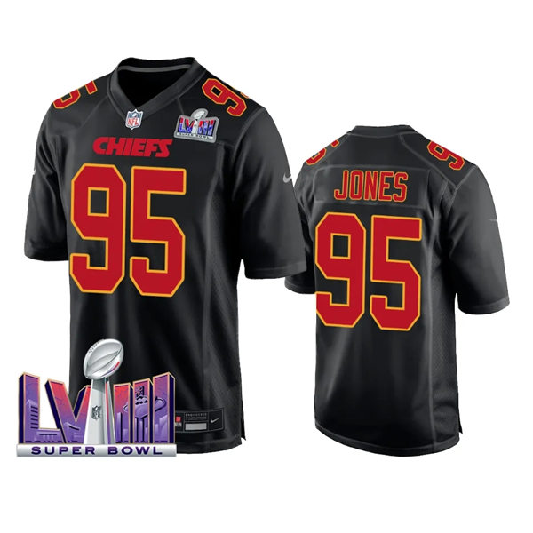 Mens Kansas City Chiefs #95 Chris Jones 2024 Super Bowl LVIII Black Carbon Fashion Game Player Jersey