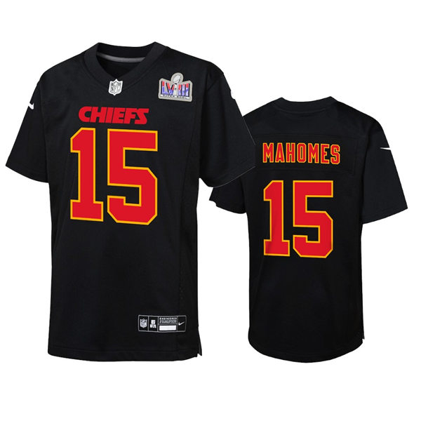 Youth Kansas City Chiefs #15 Patrick Mahomes 2024 Super Bowl LVIII Black Carbon Fashion Game Player Jersey