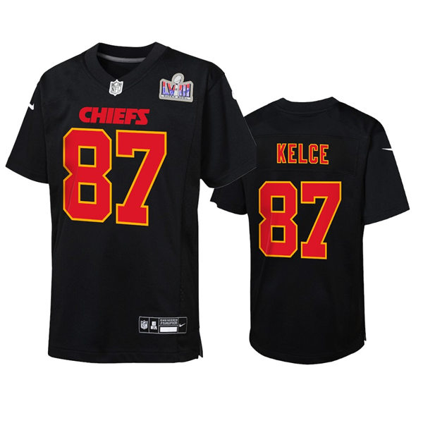 Youth Kansas City Chiefs #87 Travis Kelce 2024 Super Bowl LVIII Black Carbon Fashion Game Player Jersey
