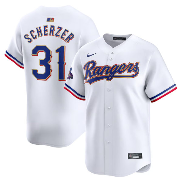 Mens Texas Rangers #31 Max Scherzer GOLD-TRIMMED WORLD SERIES CHAMPIONSHIP Limited Jersey