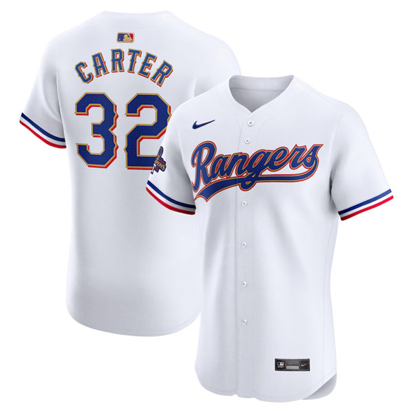 Mens Texas Rangers #32 Evan Carter GOLD-TRIMMED WORLD SERIES CHAMPIONSHIP Limited Jersey