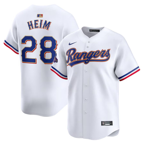 Mens Texas Rangers #28 Jonah Heim GOLD-TRIMMED WORLD SERIES CHAMPIONSHIP Limited Jersey