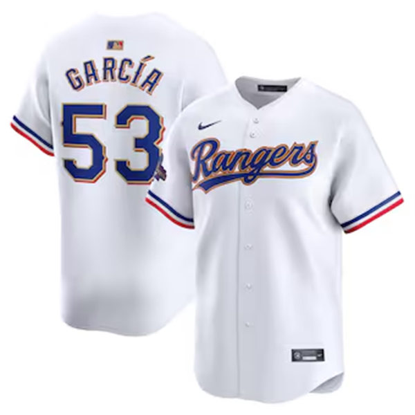Mens Texas Rangers #53 Adolis Garcia  GOLD-TRIMMED WORLD SERIES CHAMPIONSHIP Limited Jersey