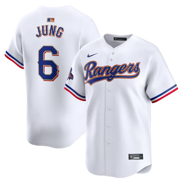 Mens Texas Rangers #6 Josh Jung GOLD-TRIMMED WORLD SERIES CHAMPIONSHIP Limited Jersey