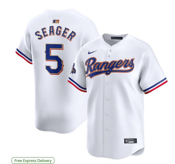 Mens Texas Rangers #5 Corey Seager GOLD-TRIMMED WORLD SERIES CHAMPIONSHIP Limited Jersey