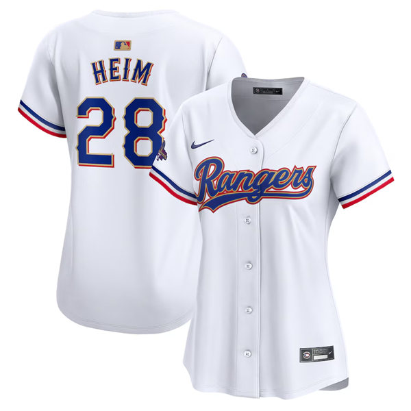 WomensTexas Rangers #28 Jonah Heim GOLD-TRIMMED WORLD SERIES CHAMPIONSHIP Limited Jersey