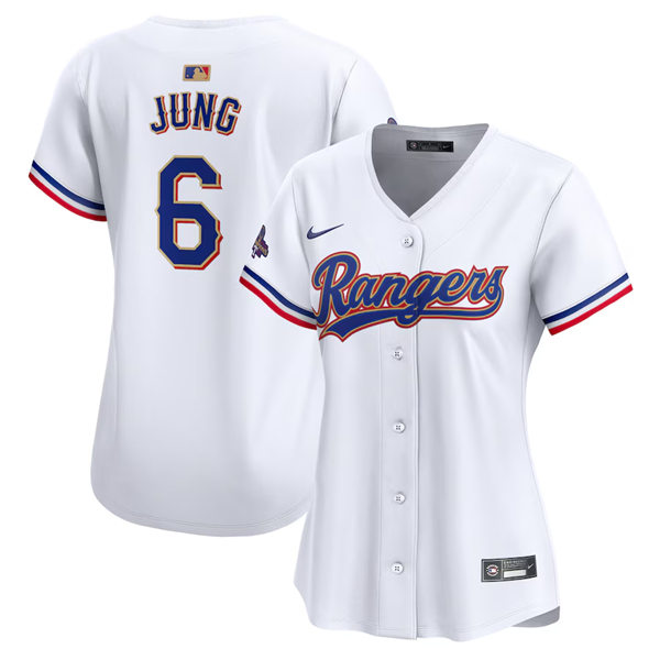 Womens Texas Rangers #6 Josh Jung GOLD-TRIMMED WORLD SERIES CHAMPIONSHIP Limited Jersey