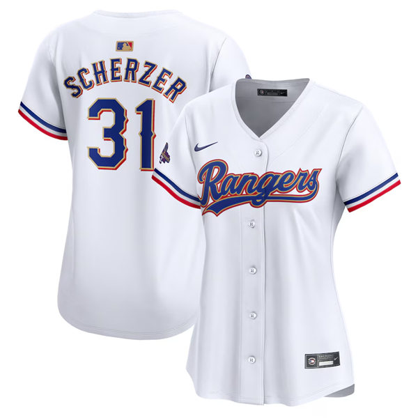 Womens Texas Rangers #31 Max Scherzer GOLD-TRIMMED WORLD SERIES CHAMPIONSHIP Limited Jersey