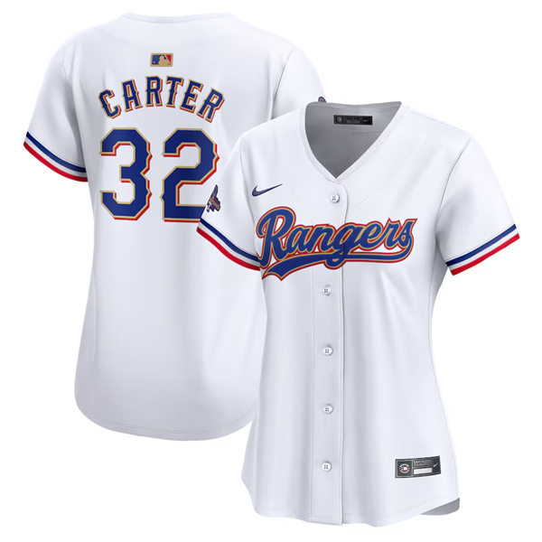 Womens Texas Rangers #32 Evan Carter GOLD-TRIMMED WORLD SERIES CHAMPIONSHIP Limited Jersey