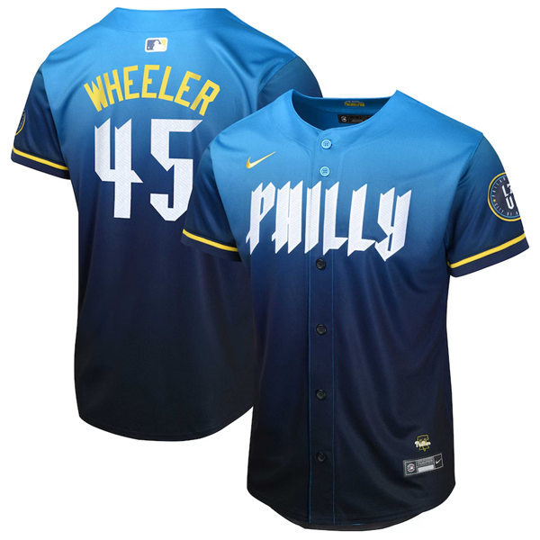 Mens Philadelphia Phillies #45 Zack Wheeler Nike Blue 2024 City Connect Limited Player Jersey