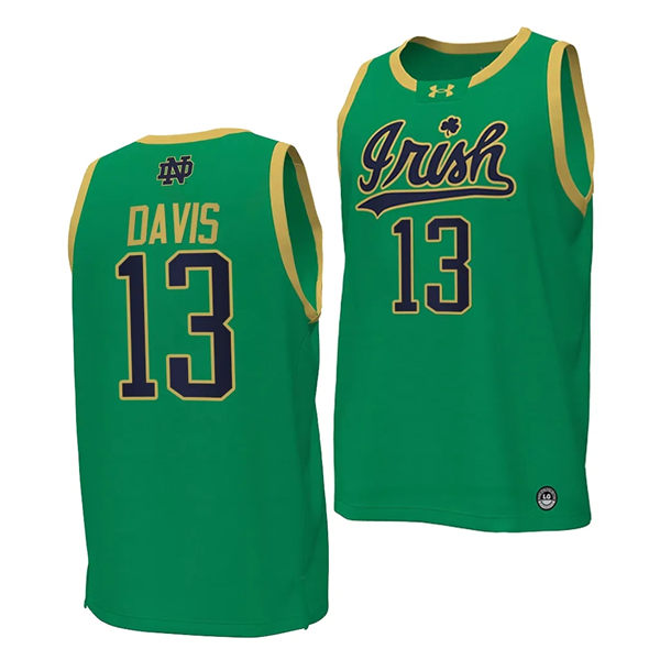 Mens Youth Notre Dame Fighting Irish #13 Tae Davis 2024 Green Irish Basketball Game Jersey