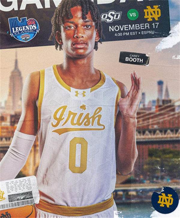 Mens Youth Notre Dame Fighting Irish #0 Carey Booth 2024 White Gold Irish Basketball Game Jersey