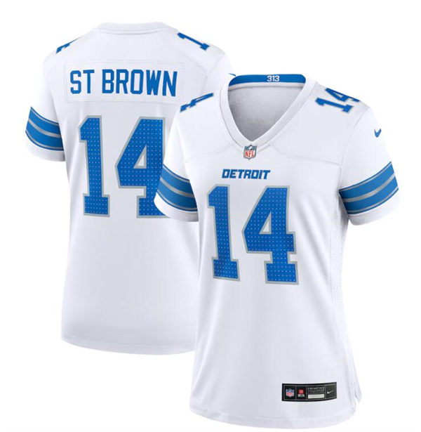 Womens Detroit Lions #14 Amon-Ra St. Brown 2024 White Limited Jersey