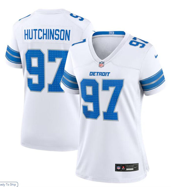 Womens Detroit Lions #97 Aidan Hutchinson  2024 White Limited Jersey