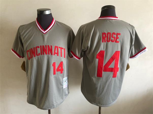 Mens Cincinnati Reds #14 Pete Rose 1976 Gray Pullover Mitchell & Ness  Jersey