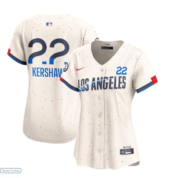 Womens Los Angeles Dodgers #22 Clayton Kershaw 2024 City Connect Limited Player Jersey - Cream