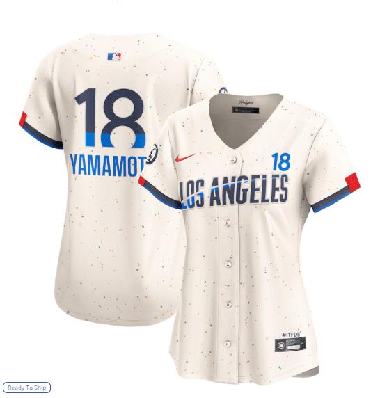 Womens Los Angeles Dodgers #18 Yoshinobu Yamamoto 2024 City Connect Limited Player Jersey - Cream