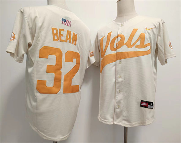 Mens Tennessee Volunteers #32 Drew Beam Nike Cream Vols with Name College Baseball Limited Jersey