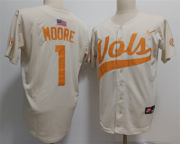 Mens Tennessee Volunteers #1 Christian Moore Nike Cream Vols with Name College Baseball Limited Jersey