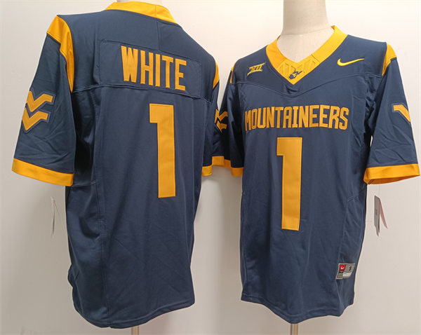 Mens West Virginia Mountaineers #1 Jahiem White 2024 Navy F.U.S.E. Limited Football Game Jersey