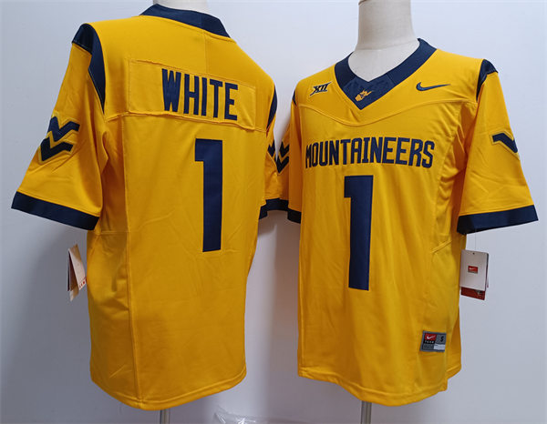 Mens West Virginia Mountaineers #1 Jahiem White 2024 Gold F.U.S.E. Limited Football Game Jersey