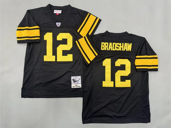 Mens Pittsburgh Steelers #12 Terry Bradshaw Black Gold Legacy Throwback Jersey