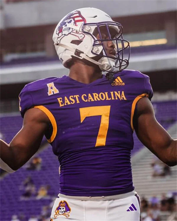 East Carolina Pirates #7 London Montgomery 2025 Purple Gold Football Game Jersey