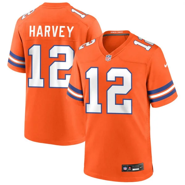 Mens Denver Broncos #12 RJ Harvey Orange Mile High Collection 1977 Throwback F.U.S.E. Limited Jersey