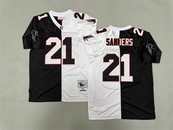 Men's Atlanta Falcons #21 Deion Sanders 1992 Black White Split Two Tone Throwback Jersey