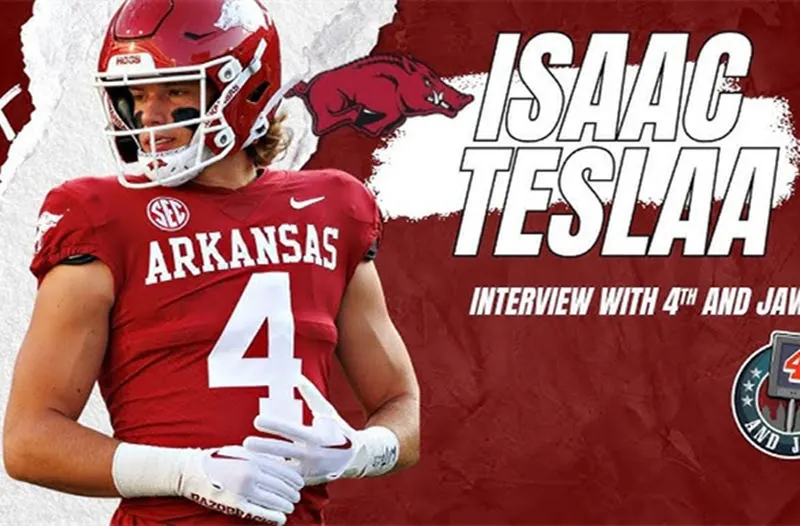 Arkansas Razorbacks #4 Isaac TeSlaa Nike 2024 Cardinal Football Game Jersey