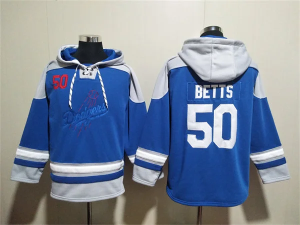 Embroidered Mens Los Angeles Dodgers #50 Mookie Betts Blue Pullover Hoodie