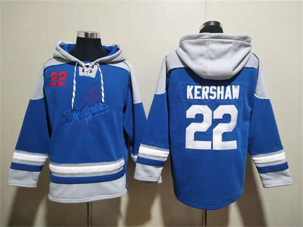 Embroidered Mens Los Angeles Dodgers #22 Clayton Kershaw Blue Pullover Hoodie